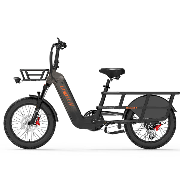 LANKELEISI Wombat-1 1000W long-range cargo electric bike with sturdy frame and cargo rack, black color, parked outdoors.